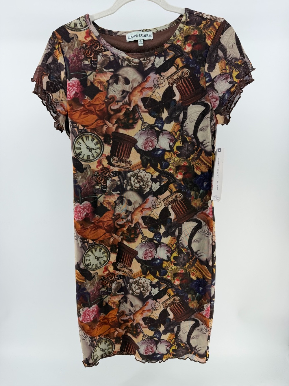 NWT Y2K Almost Famous Renaissance Print Mesh Stretch Knit Dress, Size Large